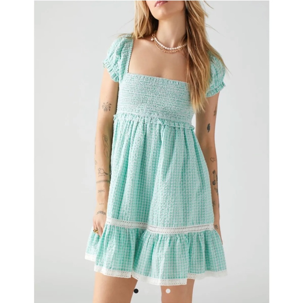 Urban Outfitters Marseille Gingham Smocked Mini Dress Green White XSmall